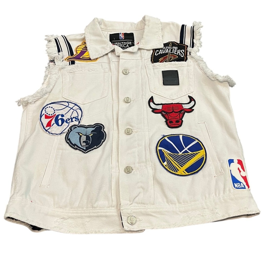 Heritage America NBA Denim Vest Mens Large White Multi Team Patch Distressed